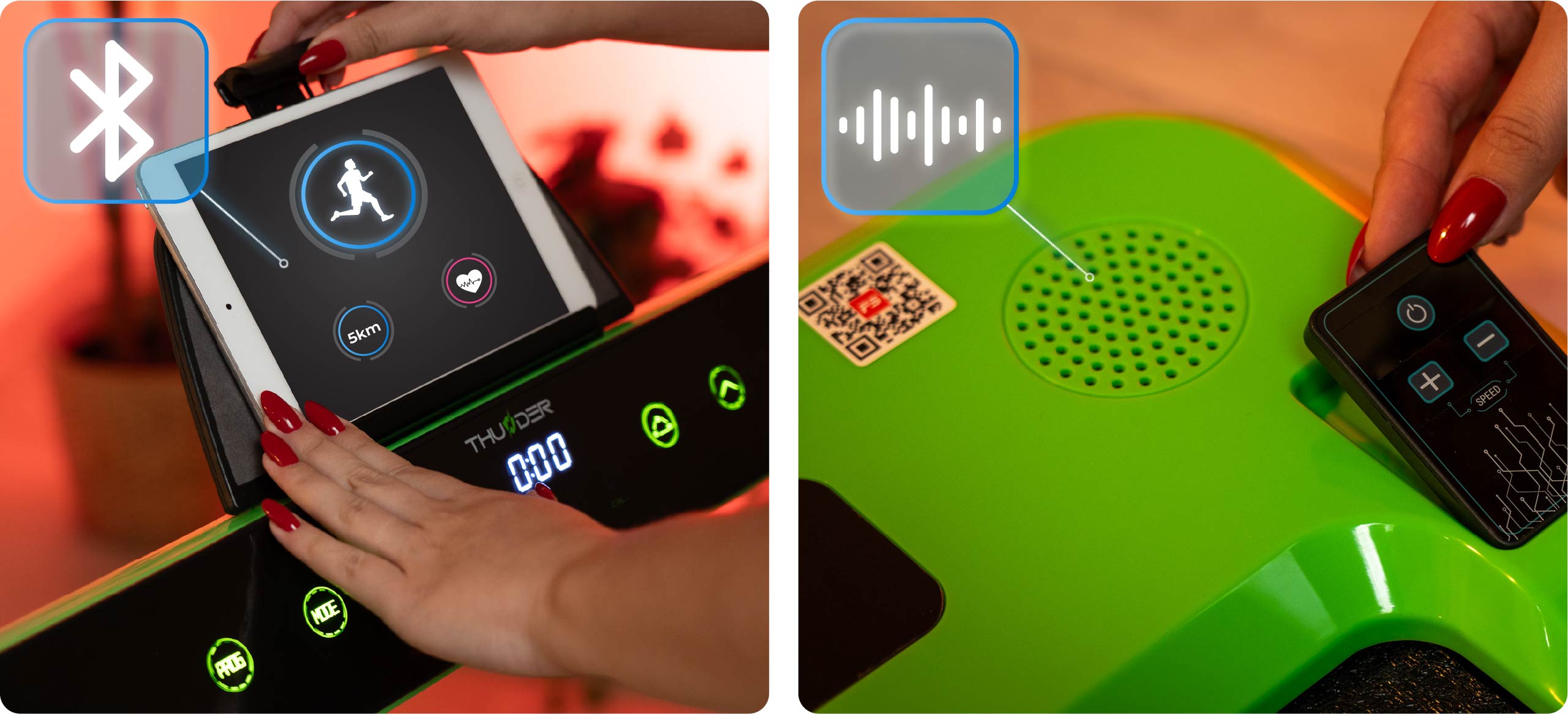 Πίνακας ελέγχου του διαδρόμου Thunder RACE με ορατό tablet και εφαρμογή FitShow