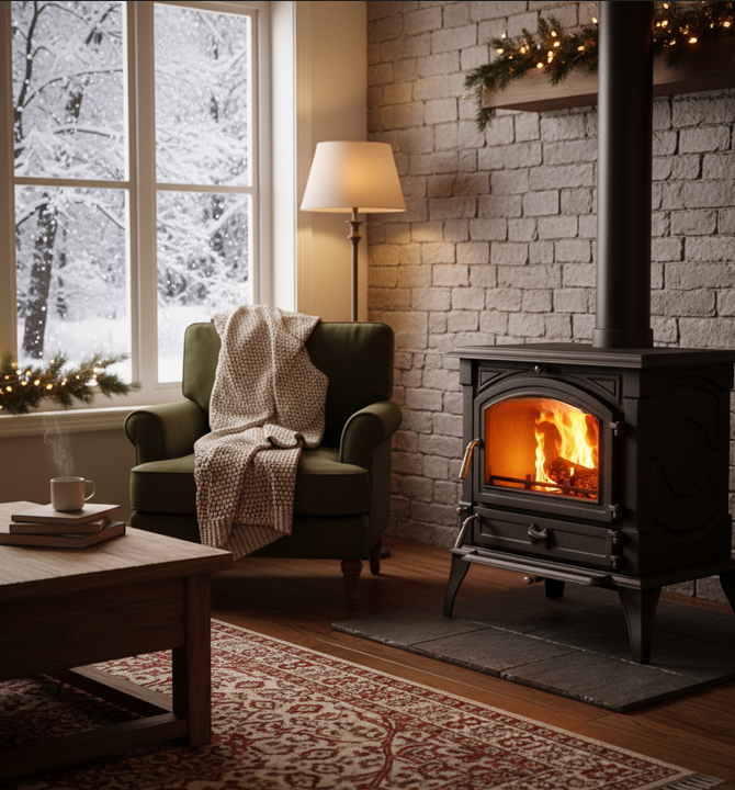 Klasyczny piec żeliwny, koza wolnostojąca